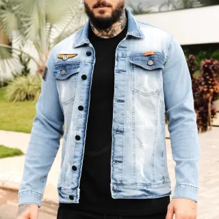 Patches Destroyed Slim Fit Jaqueta Jeans Masculina - Caqui