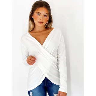 Blusinha Feminina Decotada Manga Longa Transpassada Cruzada em Cores Variadas - Vermelho