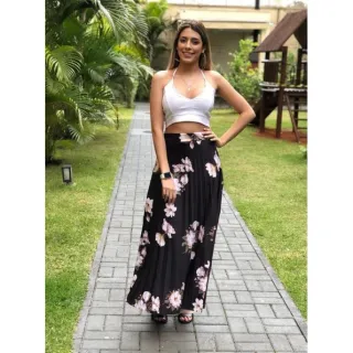 Moda Luxo Evento Saia Longa Feminina Plissada Estampada Floral - Branco off 2