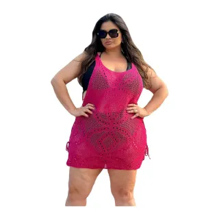 Plus Size Tricot Aberta Praia Detalhe Lateral - Azul