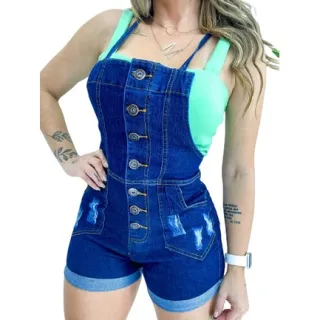Jardineira Curta Salopete Jeans Claro e Escuro com Botões Strees 2023 - Jardineira Jeans Clara