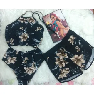 Roupas de banho femininas M ao G1 com estampa de flores - Saída de praia evangélica em suplex - rosa e preto