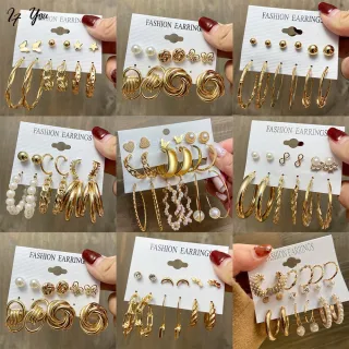 Acessórios femininos: Conjunto de brincos retrô com pérola, borboleta, diamante e borla - 13