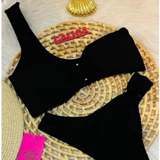 Moda Praia Feminina Biquíni Canelado Asa Delta Um Ombro Só Com Bojo - Vermelho