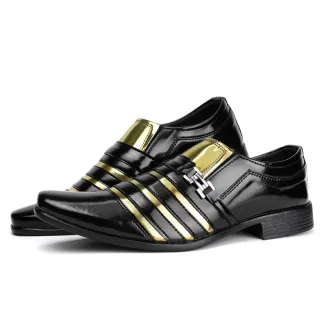 Confortável Envernizado Sapato Social Masculino Preto Branco Dourado - 1004Pto/Bco