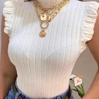 Blusinha Feminina Tricot Modal Canelado com Babado - Gola Alta - Azul Claro Com Babado