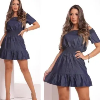 Vestido Jeans Feminino Curto, Alcinha e Manga Curta. Chamise Midi, tubinho ou gode Moda Evangelica - Modelo 1