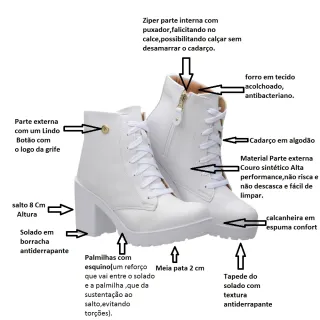 Bota Feminina Tratorada Salto Alto Coturno Muritalle Tamanho Grande 35 ao 42 - Branco Fosco