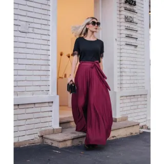 Moda feminina: Calça plissada pantalona com cinto - COD 072 - Rosa