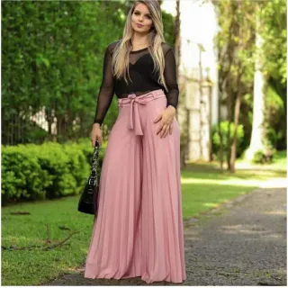 Moda feminina: Calça plissada pantalona com cinto - COD 072 - Rosa