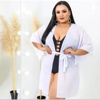Novidade de Verão: Canga Plus Size Kimono Curta para Praia - Preto