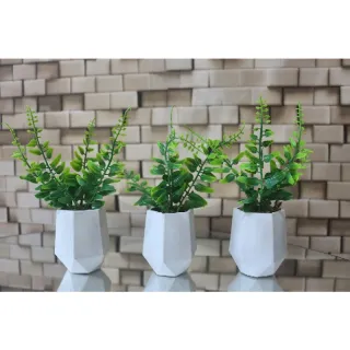 Vasos de gesso hexagonal com plantas artificiais - Kit 3