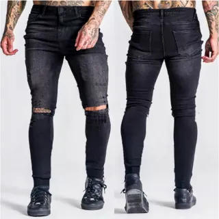 Calça Skinny Azul Marinho Rasgada Elastano Destroyed - Preta Desbotada