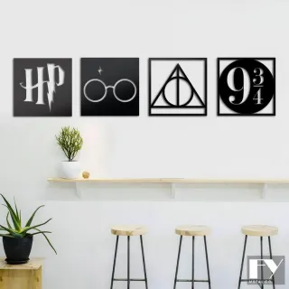 Quadros Harry Potter Kit 4 Vazados Mdf Preto 25cm - Único