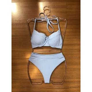 Moda Praia Verão Biquini Canelado Meia Com Bojo Cintura Alta - Verde água