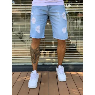 Moda Verão Tendência Premium: Bermuda Jeans Masculina Rasgada Original - Azul Claro