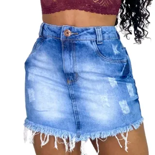 Destroyed Saia Jeans Feminina Cintura Alta