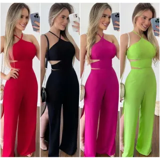 Macacão Soltinho Longo Pantalona Viscose Feminino Amarrar - Roxo