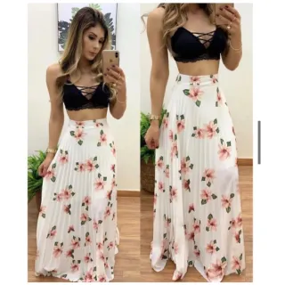 Saia Evangélica Longa Plissada Alta Cintura Flor-023 - Branco