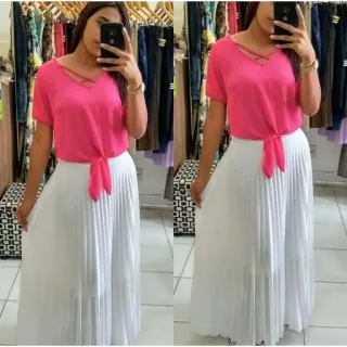 Saia Lisa Longa Plissada Forrada em Promoção - Raryel - Fúcsia