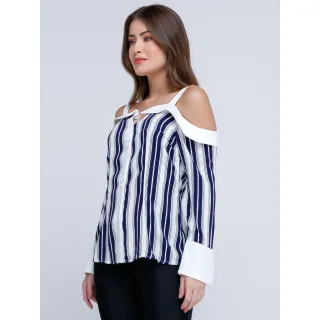 Blusa Listrada Manga Longa com Botões Frontais VV 12757 - Bordô/Branco