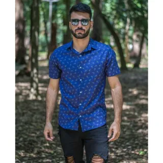 Verão Masculina Social Estampada Camisa - Listrada Vermelha