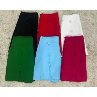 Moda Saia Cintura Alta Com Botões Bengaline Fenda Lateral - Cores Diversas - Vermelho (Botões Short Saia)