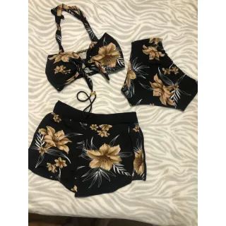 Biquíni Estampado + Shorts Feminino Cintura Alta - 6 VERDE