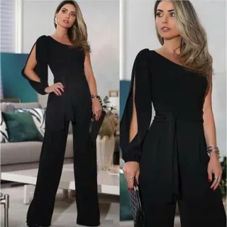 Macacão Social Feminino Manga Longa Vazada Flare Unica - Raryel - Preto