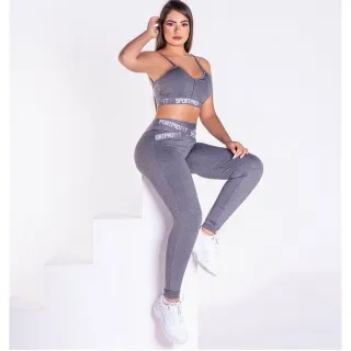 Conjunto Leggings Feminina Cintura Alta Suplex + Cropped Fitness - Cinza