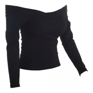 Blusinha Feminina Ombro a Ombro Manga Longa Canelada - Bordô