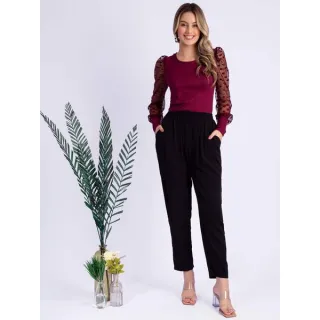 Blusinha Feminina Manga Longa Tule Canelada - Moda Inverno Blogueira - Pink