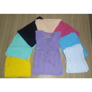 Cardigan Tricô Kimono Amarrar Saida De Praia Banho - Preto