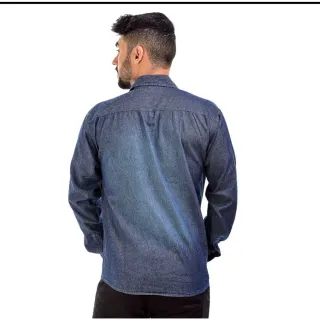 Camiseta Slim Masculina Social Jeans com Botões - JEANS ESCURO