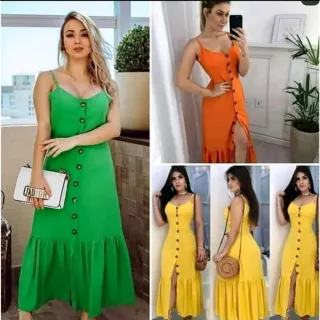 Vestido feminino longo com botões e babado, estilo blogueira - Azul