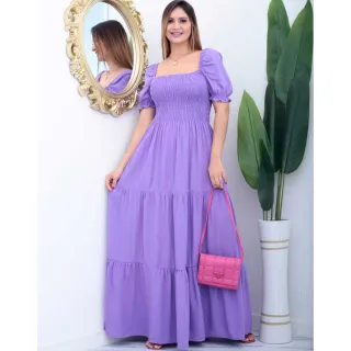 Vestido feminino longo manga curta com elástico - Azul Royal