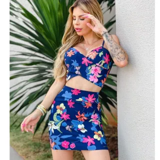 Kit Saia + Croped com Bojo para Blogueiras - AZUL ANIL BORBOLETAS