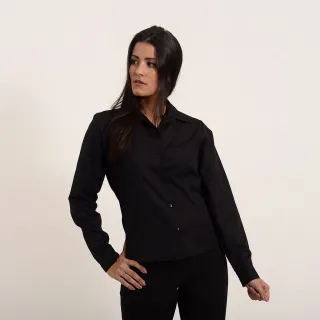 Camisa Social Feminina Manga Longa Branca - Gabardine - Cor Preto Tamanho G