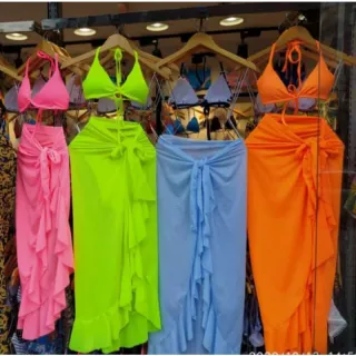 Moda praia pareô liso longo - 2kit - Rosa nenon