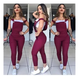 Roupa Longo Jardineira Feminina Macaquinho Bengaline Macacão - Preto