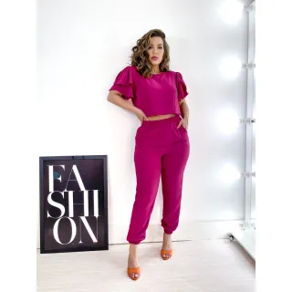 Cropped Manga Babados e Calça Jogger - Conjunto Duna - Rose
