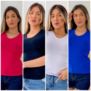 Manga Curta Gola V Kit 4 Blusas Femininas - BRANCO/ROSE/VINHO/PINK