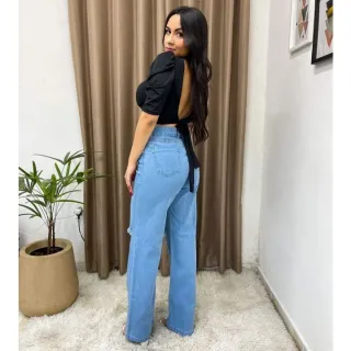 Wide leg pantalona jeans feminina - Cintura alta - Calça escura