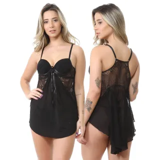 Pijama Feminino Sensual Renda Luxo Camisola Preta Tule Bojo - Desconto Online - Preto