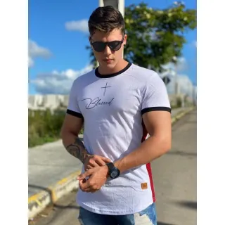 Camiseta estampada masculina manga curta longline - PRETA COM AZUL