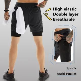 Calças Curtas Esportivas Ginásio Fitness Homens 2 Em 1 Seluar Pendek Sukan Lelaki - Caqui