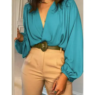 Blusa Solta Manga Longa Cropped Feminina Decote Bufante - Azul-Royal