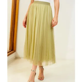 Moda Verão Saia Feminina Forrada de Tule Midi com Brilho - 3RD SD044 - Creme