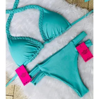 Hot Pants Bojo Trançado Cintura Alta Biquíni - Azul