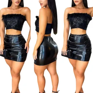 Saia Verniz Zíper Frontal Couro Ecológico Tratorado - P: 36